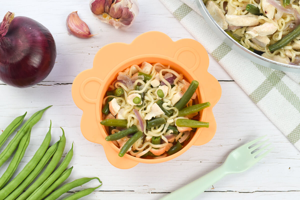 A bowl of Green Bean and Chicken Noodles